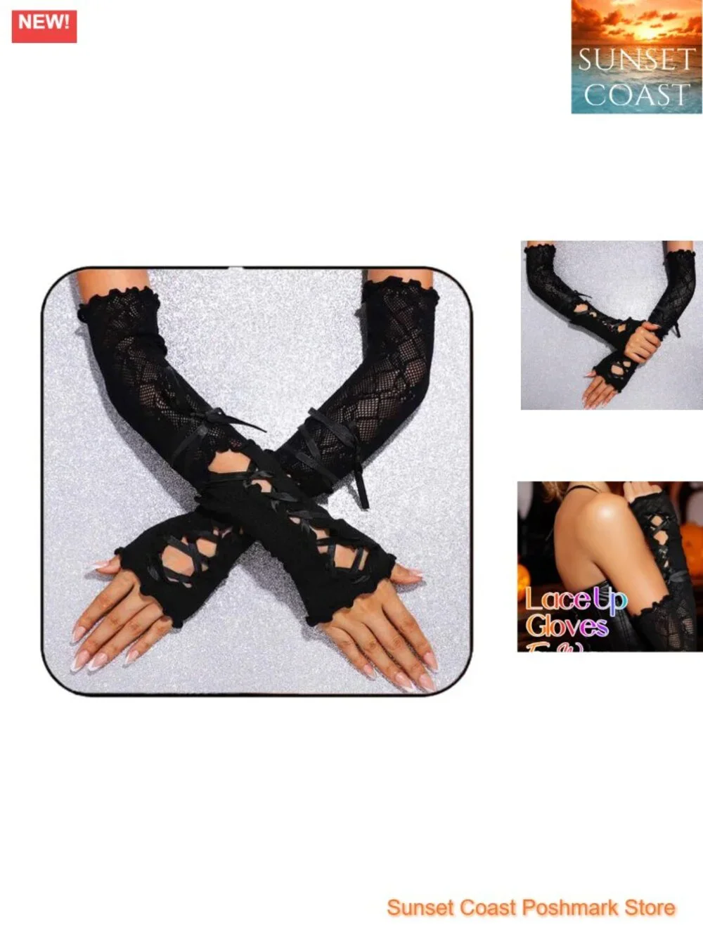 Fingerless Lace Up Gloves Gothic Elbow Length Halloween Costume Arm Sleeves